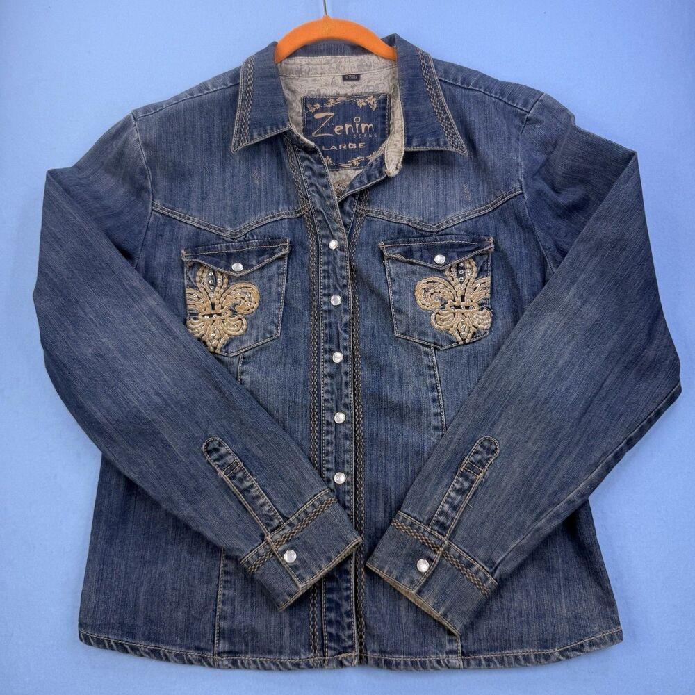 Zenim Embroidered Embellished Denim Jacket Snap Y2K Long Sleeve Size L 1161